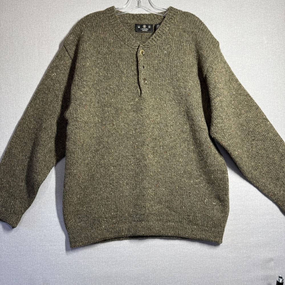 J. Riggings Sweater Mens Large Green Wool Henley Chunky Knit Pullover Winter